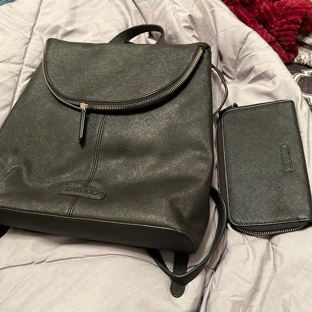 Black faux leather Vera Bradley backpack and wallet